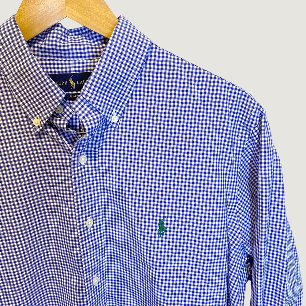 Ralph Lauren Button Down Shirt Mens L Blue Gingham Excellent Slim Fit Pony